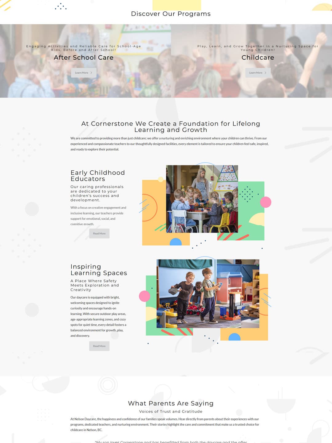 Cornerstone Daycare website section showing programs, learning spaces, and parent information.